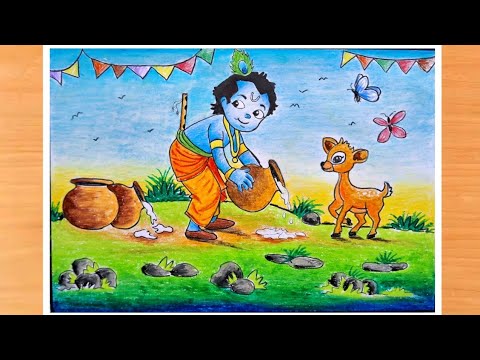 Janmashtami drawing | Lord krishna drawing | Janmashtami poster drawing