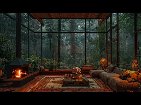 Wooden Room In The Forest On Rainy Day - Rain on window, Crackling Fireplace for Sleeping, Relaxing