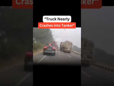 "A truck nearly crashes into a tanker in a heart-stopping moment, all caught on Woodman Dash Cam.