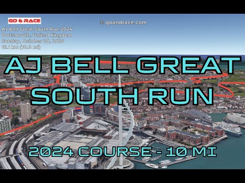 AJ Bell Great South Run 2024: fly over the 10 mi course! Video of the race path.