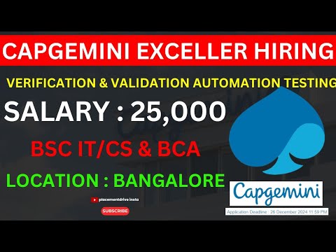 Capgemini Exceller 2024 | V&V Automation Testing | SDET Fresher Jobs in Bangalore | Apply Now!