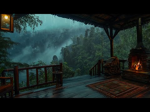 Forest Rainy Porch Ambience with Crackling Fireplace - Extreme Rain and Thunder Sound to Sleep, Rest