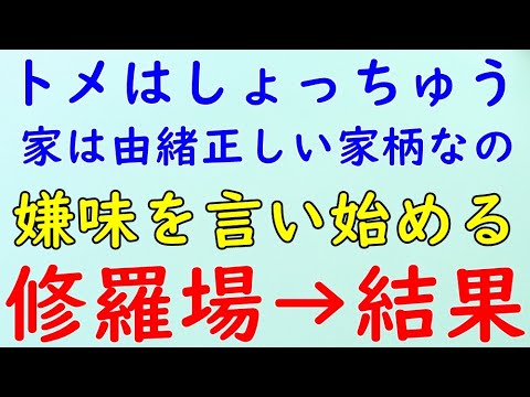 【スカッとする話】修羅場　トメ「うちは由緒正しい家柄なの世が世なら　あなたなんて　うちの○○と結婚なんてできなかったのよ。」と言います。