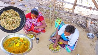 Brinjal vorta and egg palong curry cooking & eating by tribe old couple