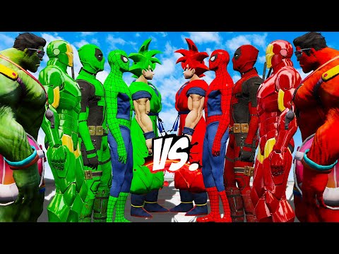 TEAM SUPERHEROES GREEN VS TEAM SUPERHEROES RED (SPIDER-MAN, HULK, GOKU, DEADPOOL, IRON MAN)