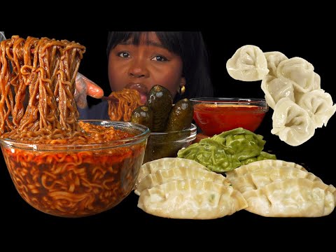 ASMR SPICY FIRE BLACK BEAN NOODLES & MOMO/DUMPLINGS MUKBANG |Eating Sounds| Vikky ASMR