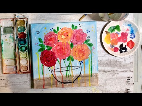 Flowers in Glass Jar Painting | Easy Canvas Acrylic Painting Step by step | Paint With Me!