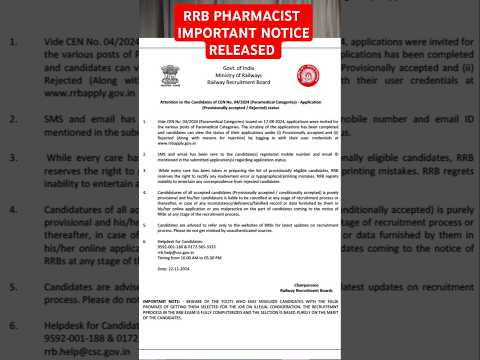 RRB Pharmacist Important Notice Released Nov 2024 #rrbpharmacist #pharmacist