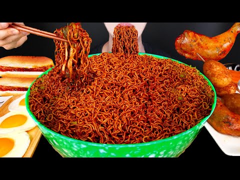 ASMR SPICY BLACK BEAN NOODLES CHICKEN MUKBANG 치킨 불짜계치 짜파게티 파김치 먹방チキン チャパゲティ 咀嚼音EATING SOUNDS