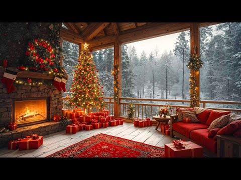 Warm Christmas Porch Ambience 🎄 Christmas Jazz with Crackling Fireplace Sounds for Stress Relief 🔥