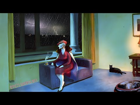 1930's A night with Thunderstorm and Lightning (Oldies playing in another room, rain) 6 HOURS ASMR