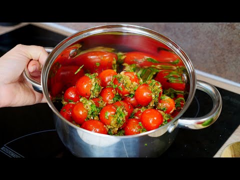 Pickled tomatoes stuffed with garlic and herbs