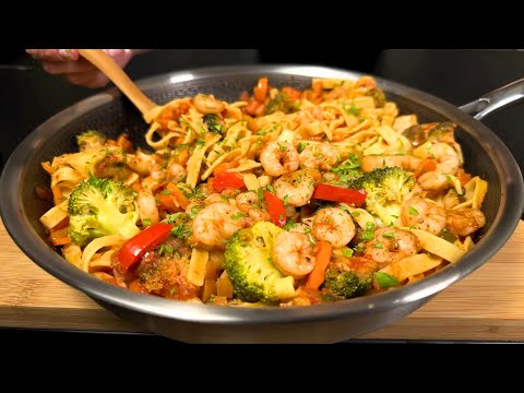 Incredibly delicious!  New pasta recipe with shrimp and vegetables - quick and tasty. For dinner.