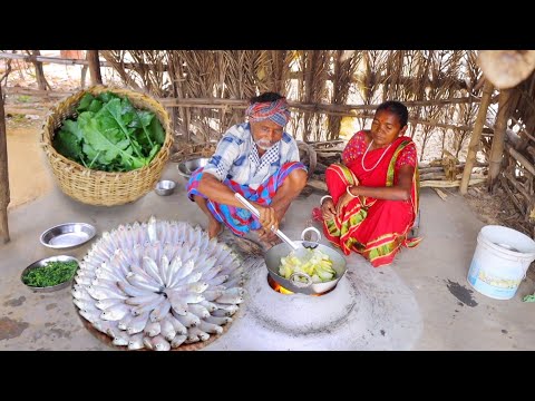 Sea Small fish curry with salgom and Mulo shak vaji cooking & eating by santali tribe old couple