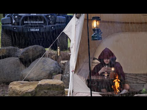 SOLO Camping in RAIN [ New Tent, relaxing in a Jungle between 2 creeks, ASMR ]