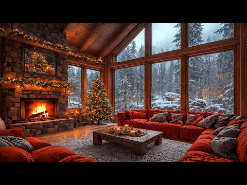 Stress Relief with Christmas Jazz Music 2025 🎄 Warm Cabin Room Christmas Ambience & Fireplace Sounds