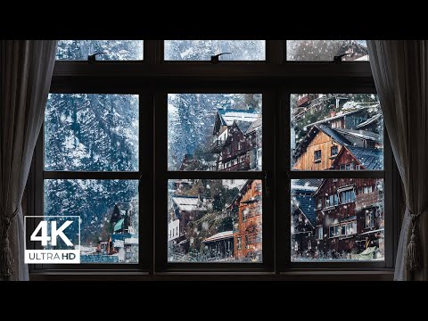 4K Winter town with snow window View - Relaxing, Calming, Ambience