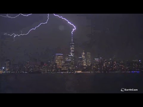 Multiple Lightning Bolts Captured Striking One World Trade Center