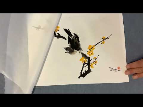 A Winter Bird with Winter Sweets Blossoms - Dry-mounting a Japanese Rice Paper Painting Demo(1994)