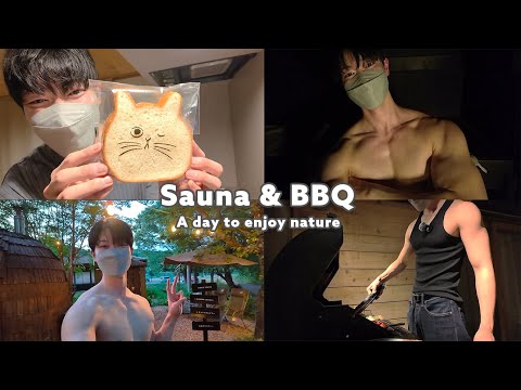 Muscle boy enjoys sauna and BBQ in the night forest