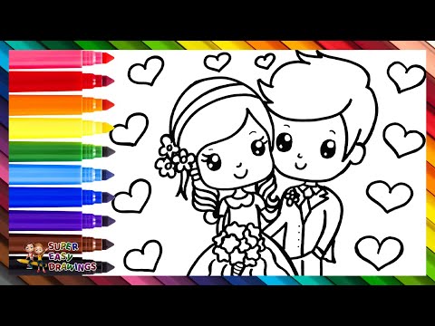 Draw and Color a Newly Married Couple: A Groom and a Bride 🤵👰💍❤️🌈 Drawings for Kids