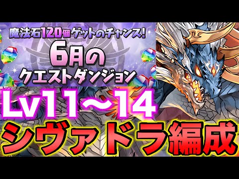 【魔法石50個】6月のクエストダンジョンLv.11〜14をシヴァドラで攻略！【パズドラ】