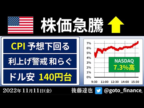 米国株急騰 NASDAQ 7%高  CPI予想下回る 利上げ警戒和らぐ ドル円140円台に