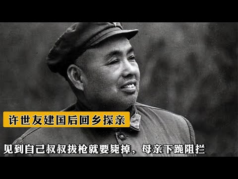 許世友建國後回鄉探親，見到自己叔叔拔槍就要斃掉，母親下跪阻攔