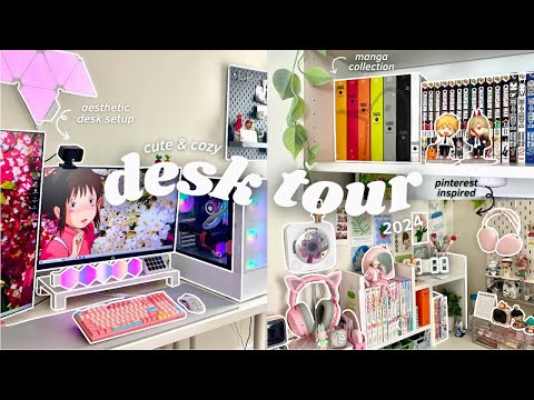 cute & cozy desk setup tour 💻: aesthetic, pinterest inspired, manga collection (2024)