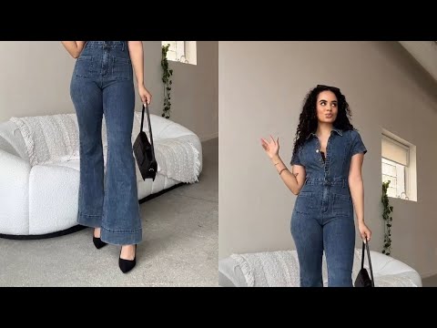 All in 1 Denim Jean Onesie + Soft High Heels & Shades w / A Hand Bag