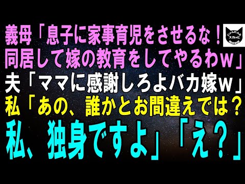 【スカッとする話】突然現れた義母「家事育児を息子にさせるな！同居してうちの嫁として教育してやる！」マザコン夫「そうだそうだ！」私「あの、誰かと間違えてません？私、独身ですよ」「え？」【修羅場】