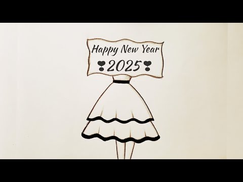 Happy new year drawing 2025 / How to make new year greeting cards /Easy girl drawing / new year card