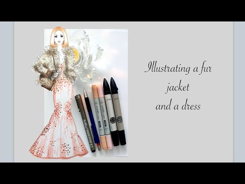 Illustrating a gray fur jacket and a light pink dress with markers