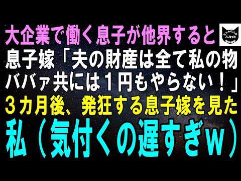 【スカッとする話】大企業で働く息子が他界すると息子嫁「夫の財産は全て私の物よ！ジジババ共にやる金はないわ！」3カ月後、届いた手紙を見た息子嫁はわなわなと震えだし…【修羅場】