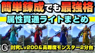 【最強格】簡単錬成の貫通属性ライトまとめ　2分台で傀異討究Lv200＆高難度モンスター周回【傀異化した凶重骨集め/傀異化した剛爪集め/ライトボウガン装備/Light Bowgun build】