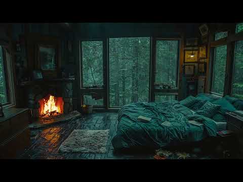 Forest Room Ambience | Downpour and Fireplace Sounds for Sleeping, Relaxing