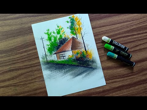 Very Easy Oil Pastel Drawing / Village Scenery For Beginners