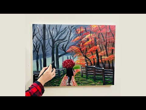 How to Paint an Autumn Stroll on a Rainy Day with a Red Umbrella 🎨🍁