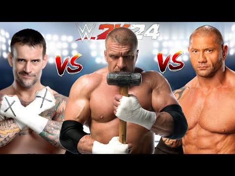 WWE 2K24 CM PUNK VS. TRIPLE H VS. BATISTA WRESTLEMANIA HELL IN A CELL TRIPLE THREAT MATCH!