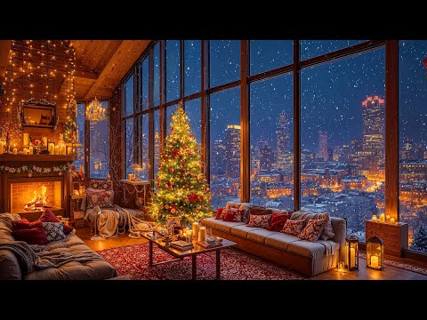 Snowfall Night at Cozy Christmas Coffee Shop Ambience 🎄 Relaxing Christmas Jazz Music & Fireplace 🔥