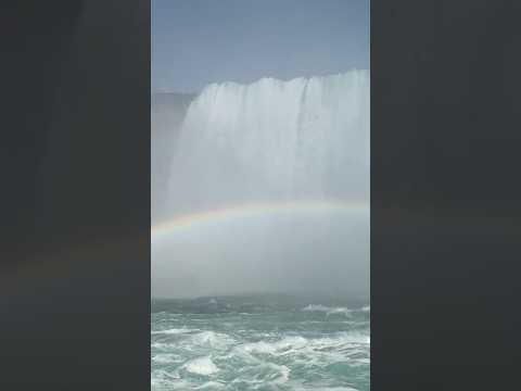 Stunning up-close view of Horseshoe Falls, the largest of the three Niagara Falls, from boat.