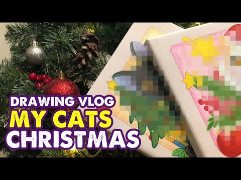 Christmas Drawings for my Cats | Acrylic Painting | Huta Chan