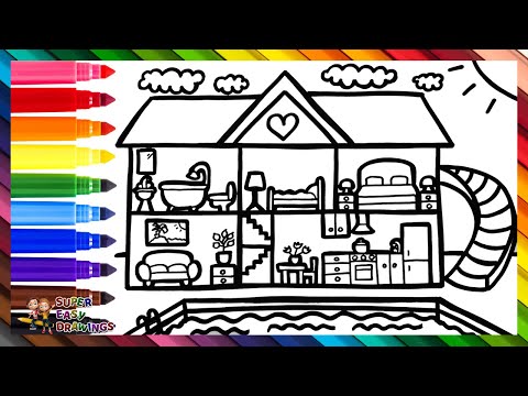 Draw and Color a House with a Pool 🏡👙🌊🏊🌞🌈 Drawings for Kids