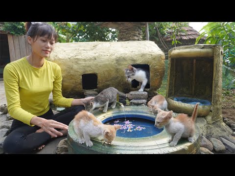 Young single girl Build a cat house from motorcycle tires, cement, iron mesh - Kitten Craft House