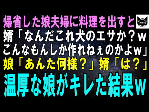 【スカッとする話】娘夫婦が帰省し手料理を振る舞うと婿「ひどい料理ｗ犬のエサかよｗ年金暮らしじゃこんなもんかｗ」娘「あんた何様？」娘婿「は？」温厚な娘がキレた結果ｗ【修羅場】