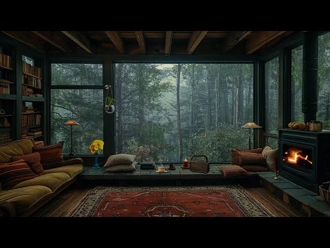 Rainy Ambience 🌧 Cozy Forest Room with Fireplace and Rain On Window Help Sleep, Relax and Study