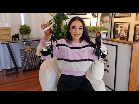 Rose Unboxes Black White Strappy 7 Inch High Heel Platform Shoes Inside and Outside Comparison