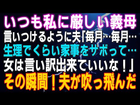 【スカッとする話】いつも私に厳しい義母 言いつけるように夫「毎月…毎月…月のモノって家事をサボって…女は言い訳出来ていいな！」その瞬間！夫が吹っ飛んだ…