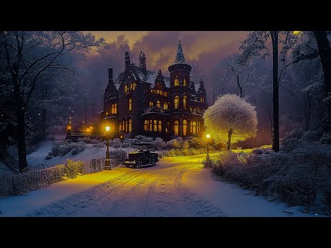 Golden Lights in a Snowy | Winter Night Ambiance and Melancholic Piano | Dark Academia for Study