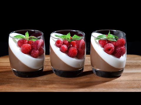 Chocolate dessert panna cotta with raspberries